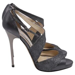 Jimmy Choo Tyne Glittered Sandal Heels in Grey Leather